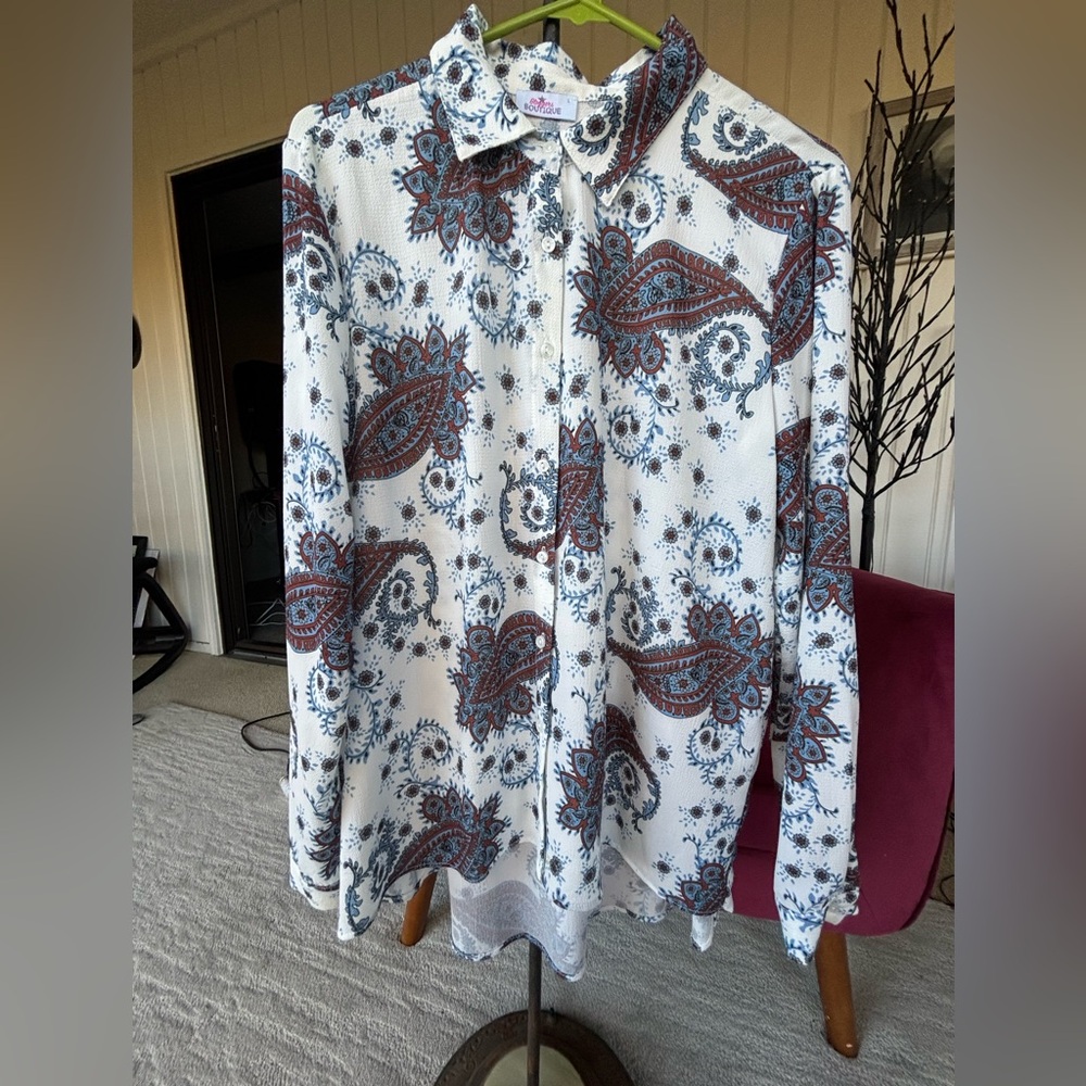 Women's Paisley Print Button Down Shirt - White, Blue and Brown